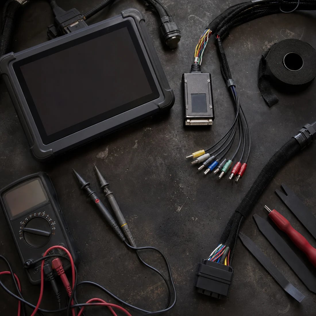 Dealer-level diagnostic tablets and tuning tools laid out on the workshop bench