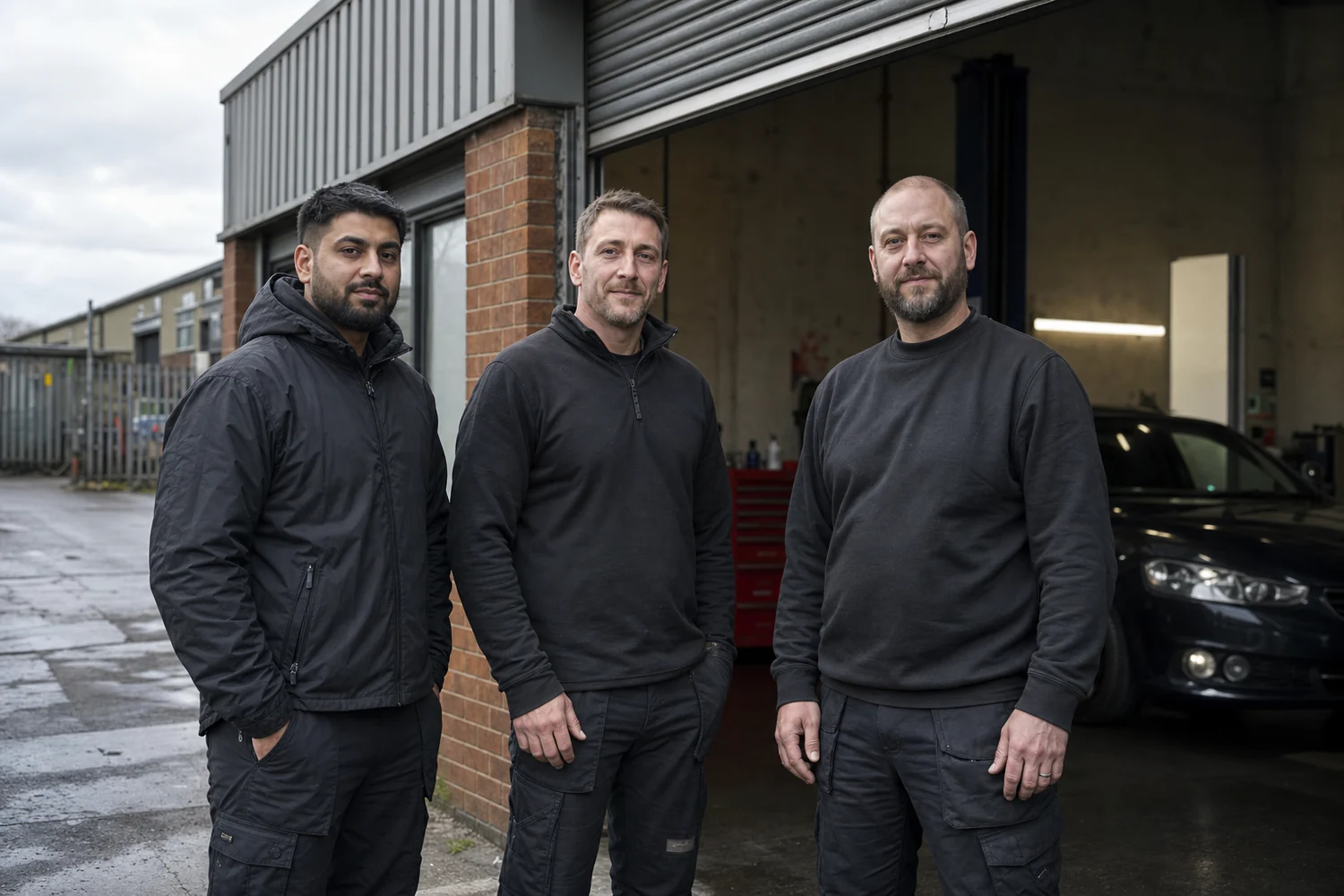 Navs HID Direct technicians photographed in front of the workshop entrance