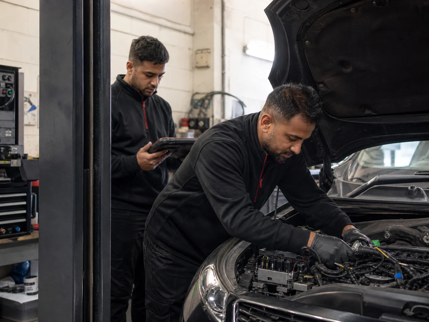 The Navs HID Direct team working on a customer vehicle in the Bradford workshop
