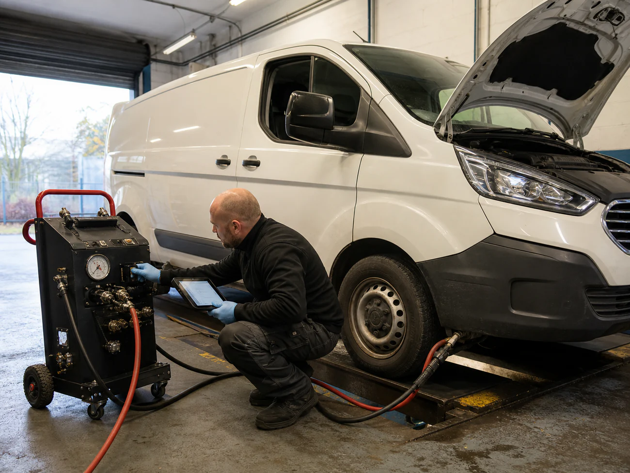 On-car DPF cleaning equipment connected to a customer vehicle exhaust system