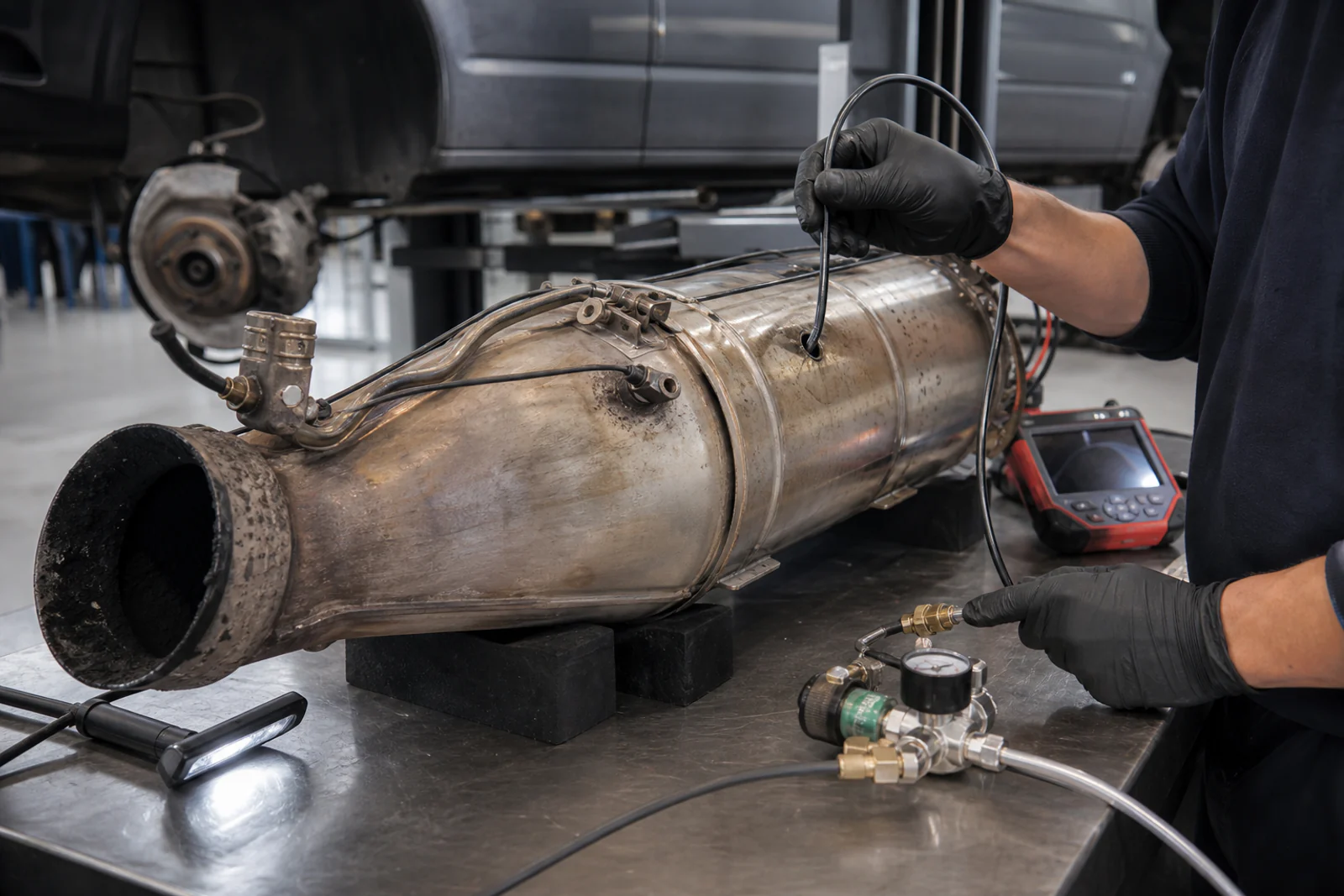 Diesel particulate filter removed for inspection and on-car cleaning