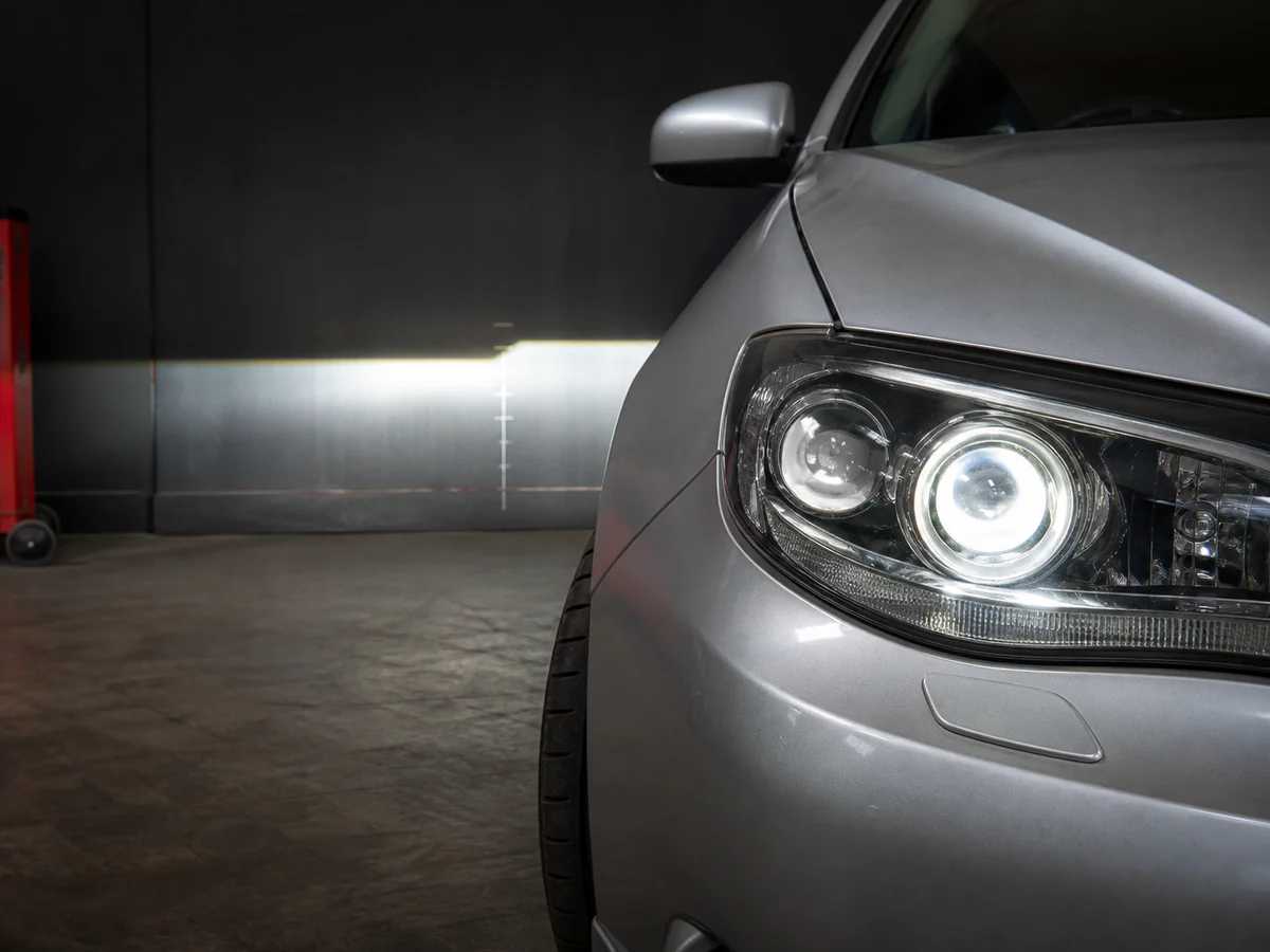 Mercedes-Benz A200 headlight after a bi-LED projector retrofit and beam alignment