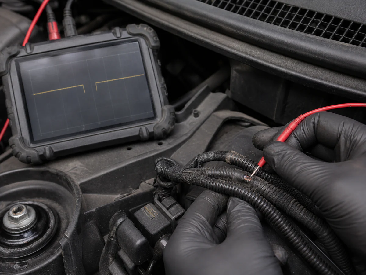 Oscilloscope trace showing an intermittent signal dropout on a BMW 320d wiring loom