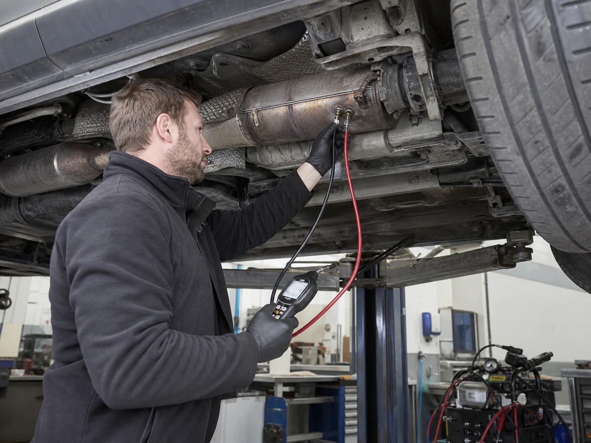 Ford Transit Custom connected to on-car diesel particulate filter cleaning equipment