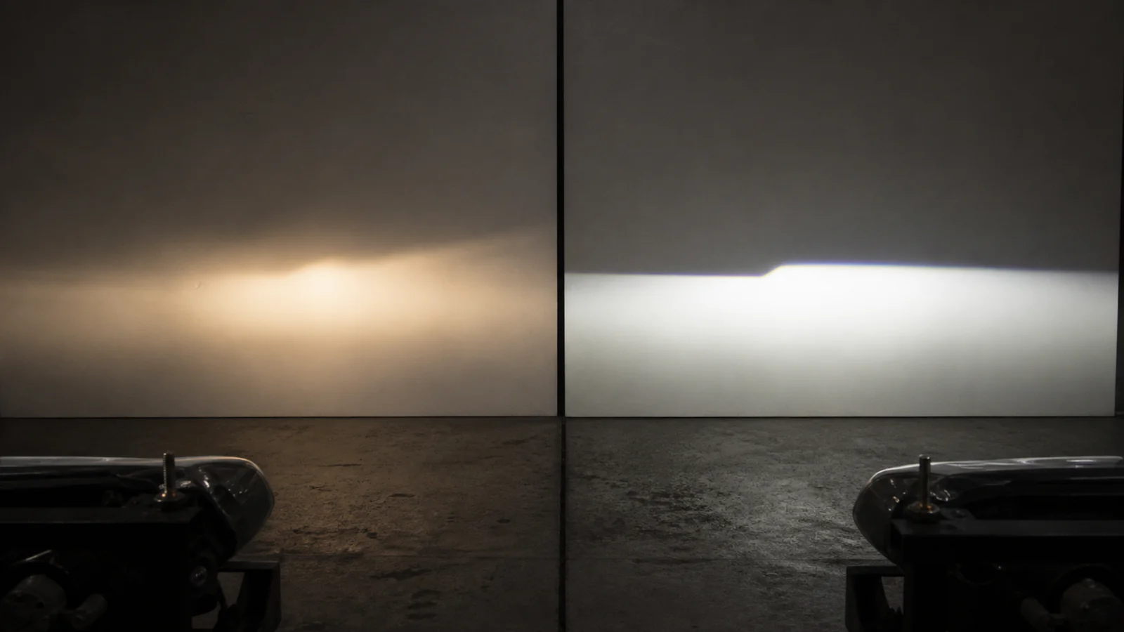 Side by side comparison of halogen headlights against a bi-LED projector retrofit