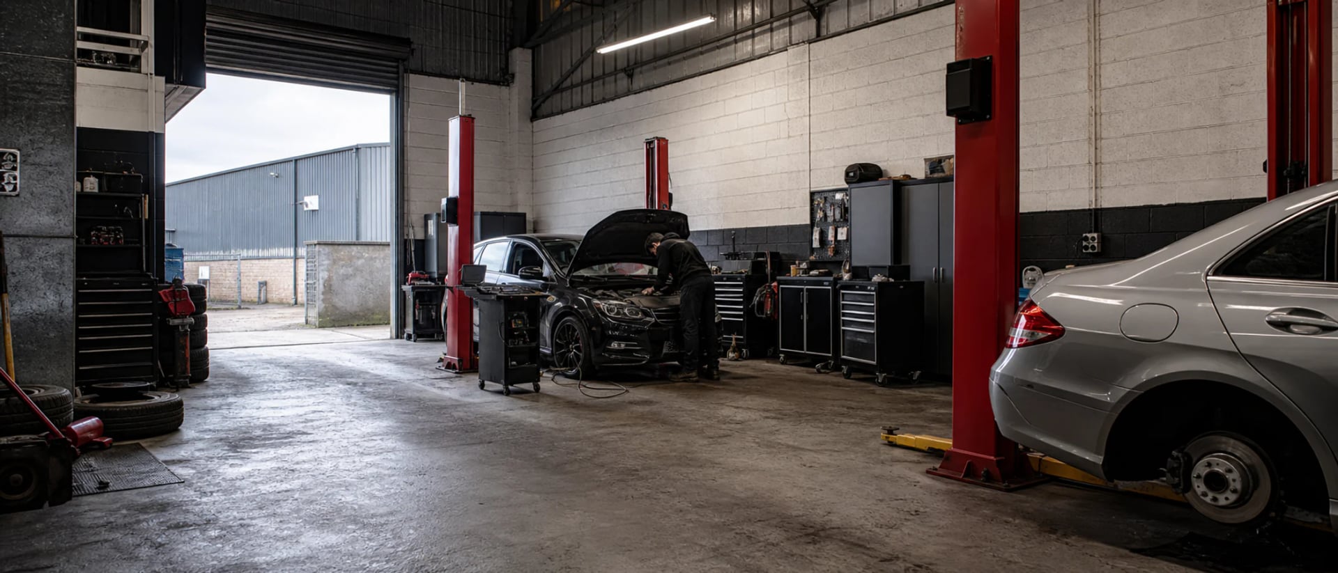 Wide view of the Navs HID Direct workshop bay on Girlington Road, Bradford