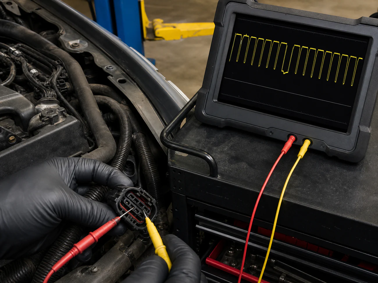 Automotive oscilloscope trace used to pinpoint an intermittent sensor fault