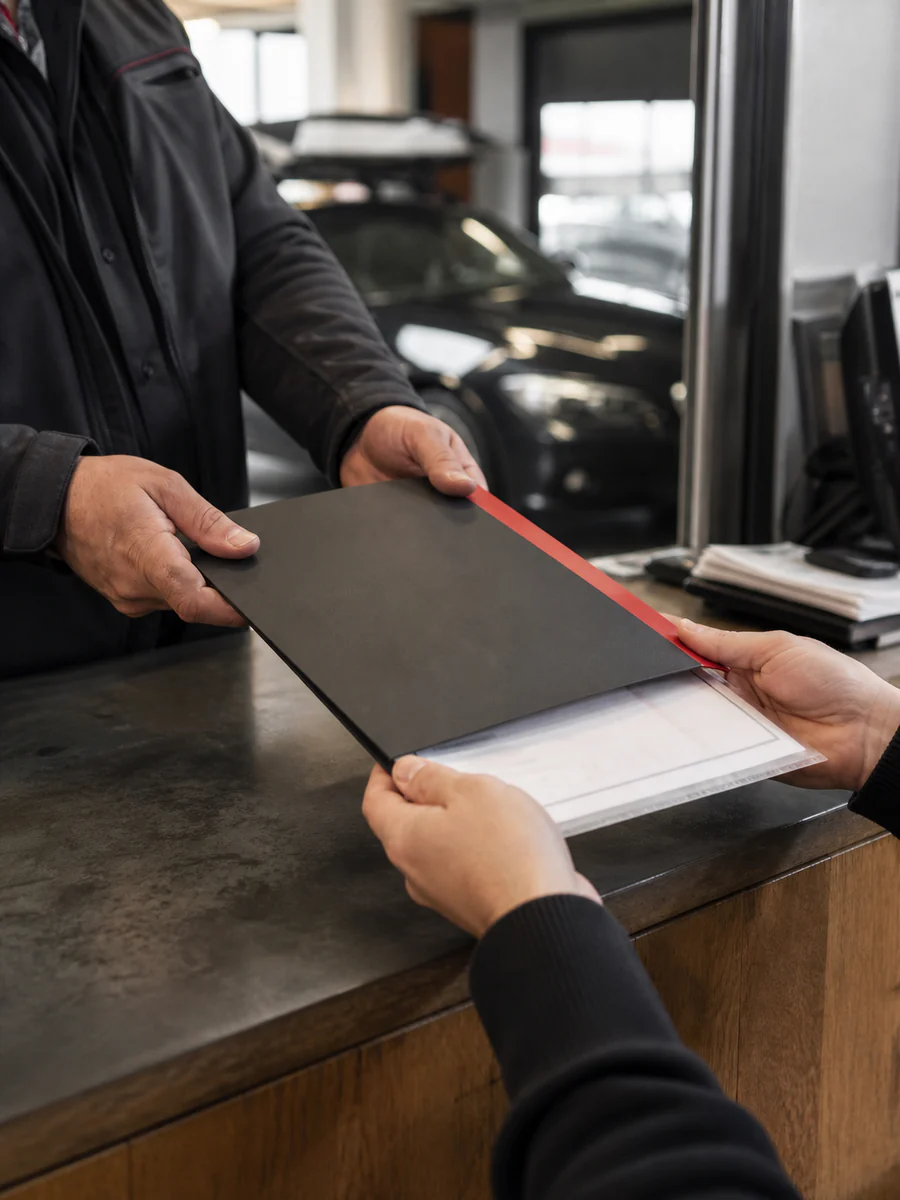 Technician handing a customer their Ghost immobiliser installation documents