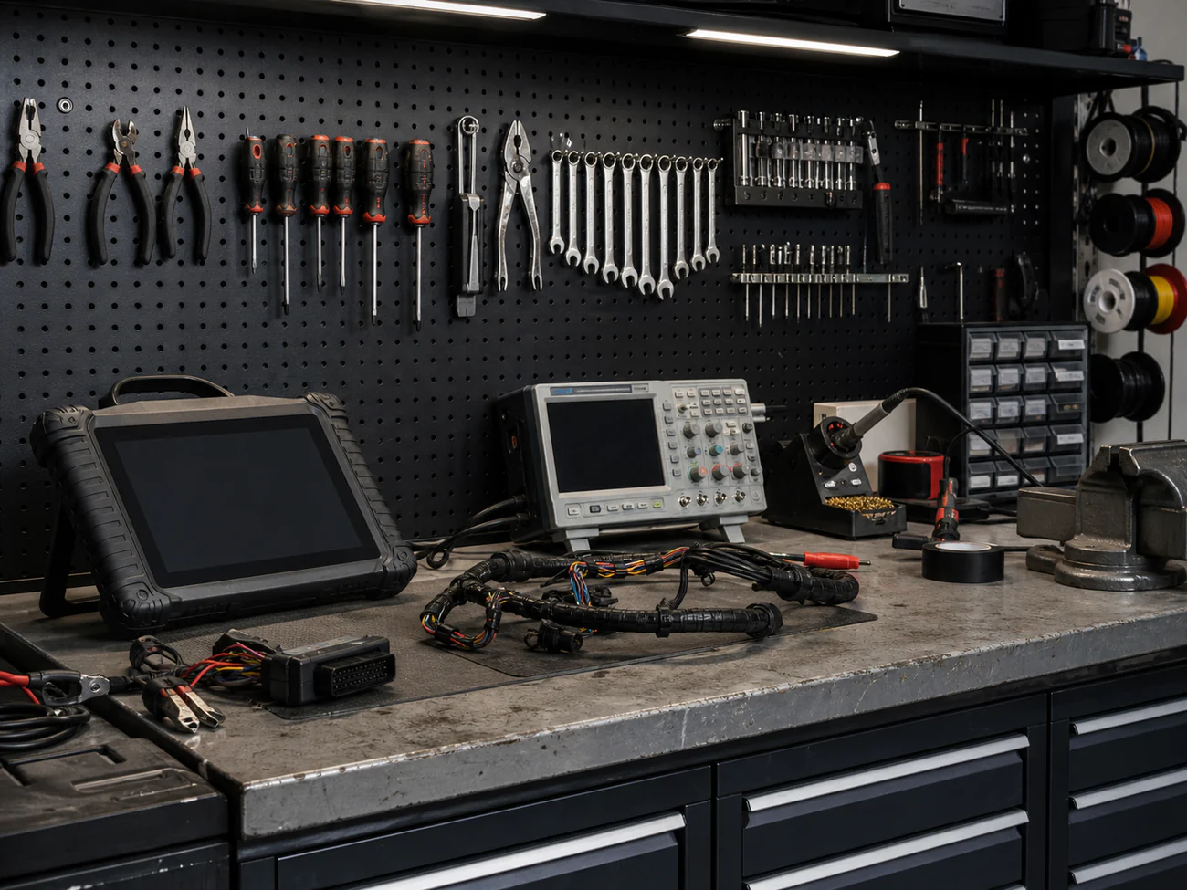 Organised tool wall and calibration equipment inside the Bradford workshop